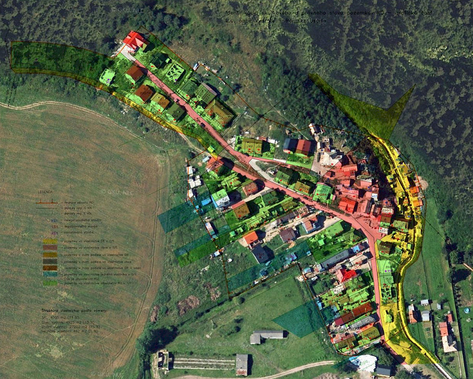 Identifikácia skutkového a právneho stavu pozemkov RO - grafická časť k.ú. Vydrník - Rómska osada. Zdroj: GKÚ